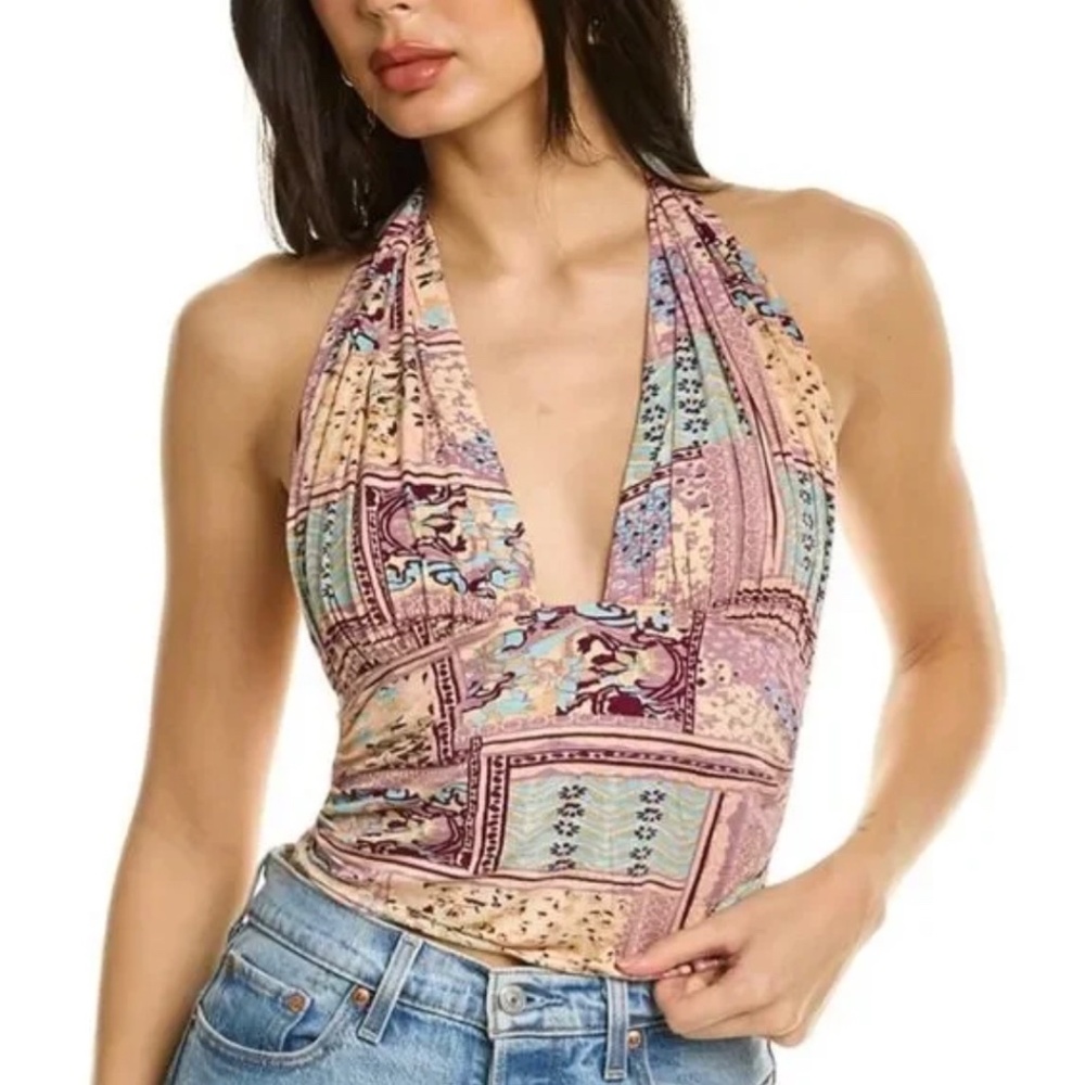 NEW Free People Intimately Heather Printed Halter Top Plunge Neck Lilac Combo L